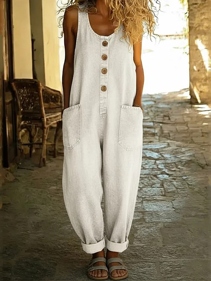 Dame Uten Ermer Vasket Bomullsdenim Jumpsuit