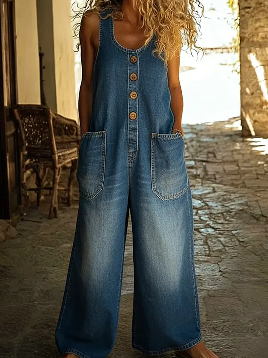 Dame Uten Ermer Vasket Bomullsdenim Jumpsuit