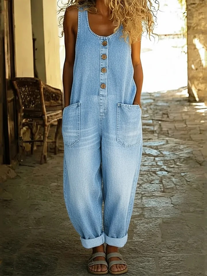 Dame Uten Ermer Vasket Bomullsdenim Jumpsuit